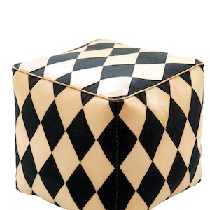Black and White Leather Pouf: Square Ottoman Footstool (Unstuffed)