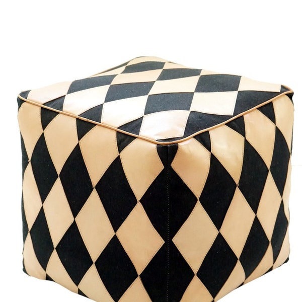 Pouf en cuir noir et blanc, pouf, pouf en cuir poufs carrés poufs - pouf non rembourré