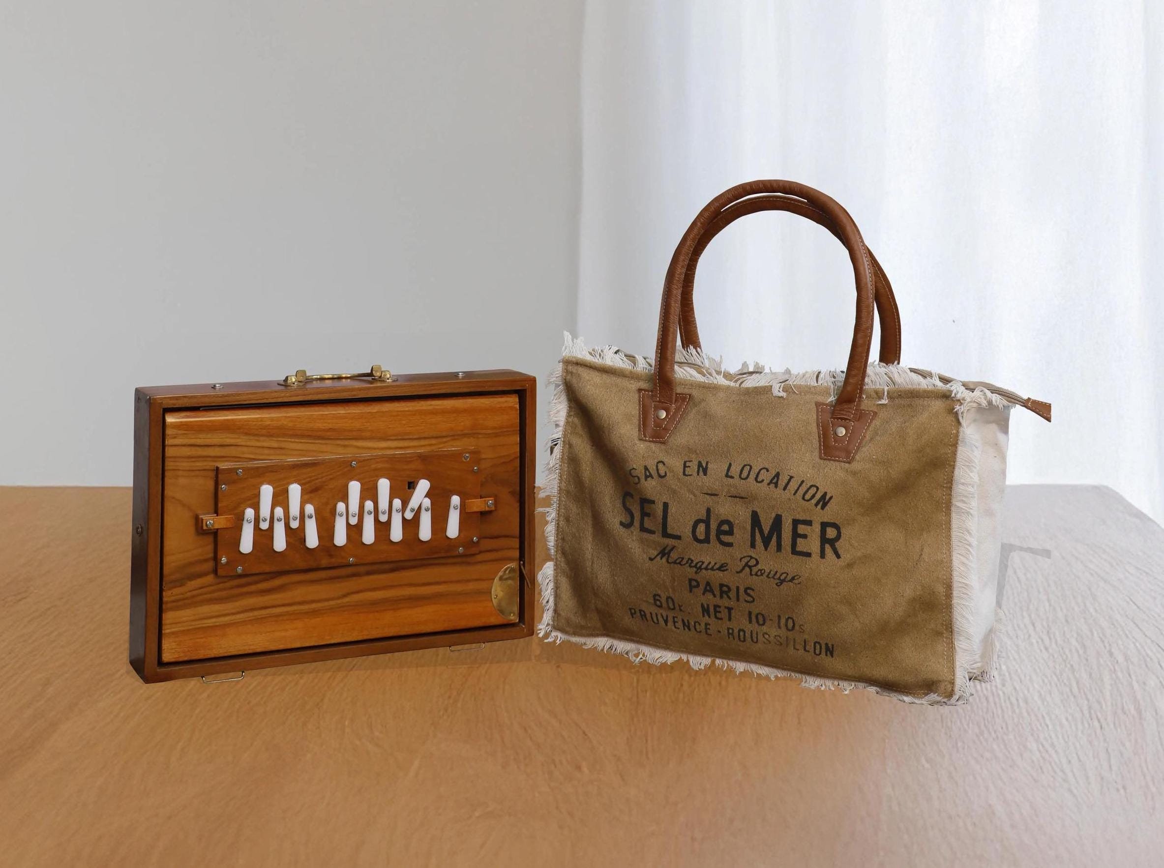 Wood Shruti Box Musical Box High Quality Hand Crafted Instrument With Handmade SEL DE MER Canvas Handbag ( Select item for purchase )