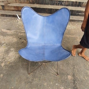 Red and Blue Butterfly Chair - Canvas Leather Mixture Seat With Black Iron Stand