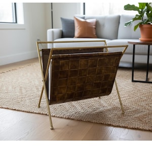 Vintage Tiny Square Patchwork Leather Magazine Rack – Antique Brown with Iron Frame and Handle Size D41 x W26 x H48 cm