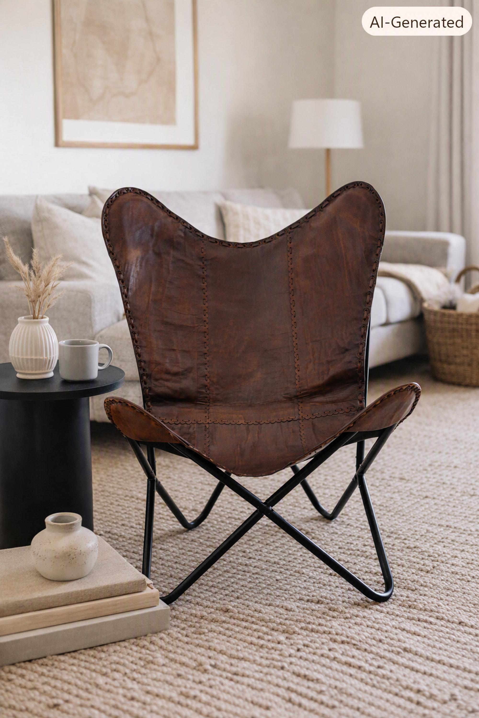 Hand Stitched Goat Leather Butterfly Chair - Vintage Style Living Room Decor