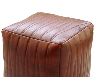 Handmade Lining Tan Leather pouf with embroidery stitches, Ottoman ,Footstool Leather Square  Poufs Pouffe Pouffes puff - unstuffed Poof