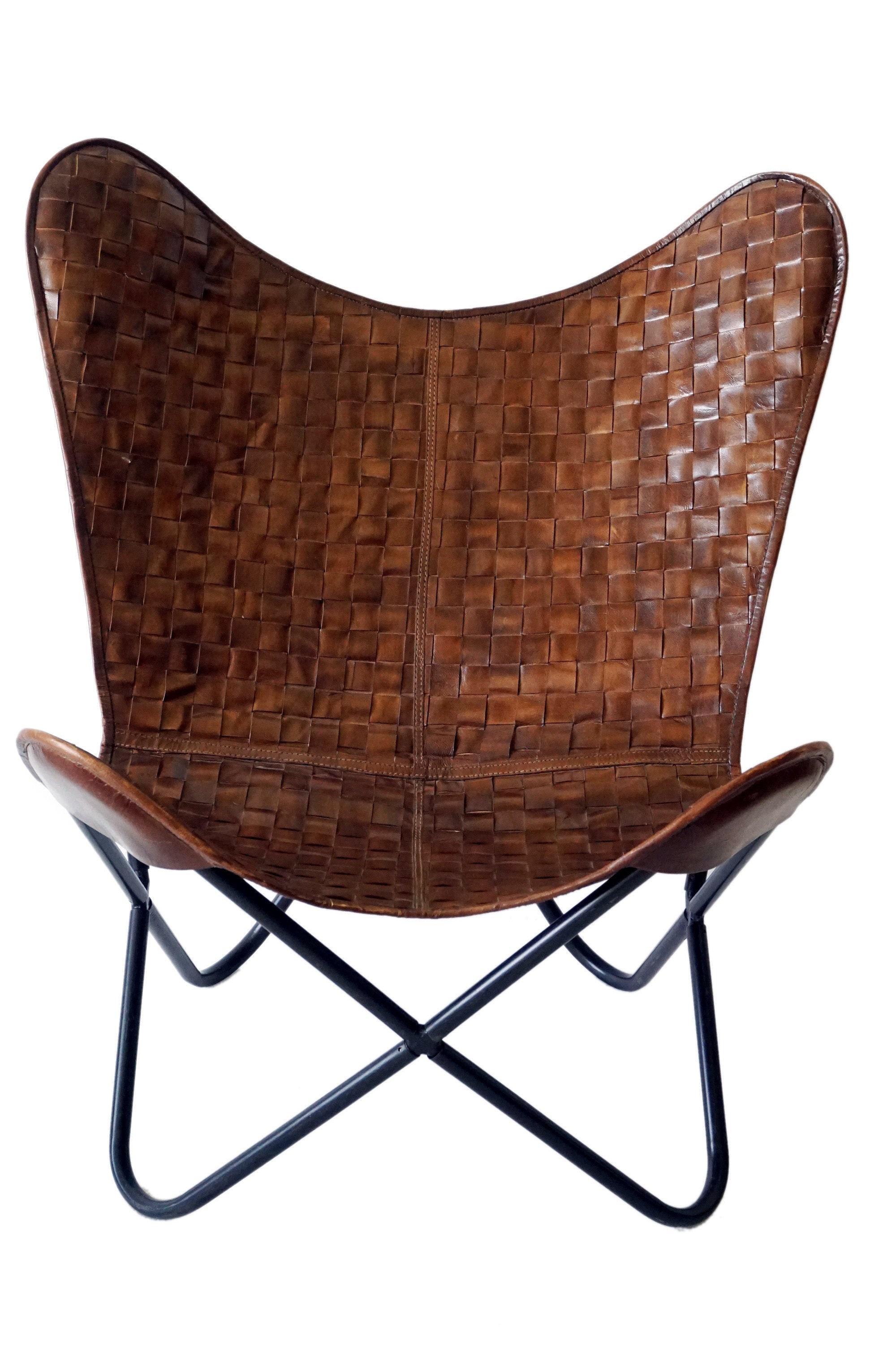 Klassischer Retro Schmetterlingsstuhl Canvas Leder Mix Sitzfläche mit