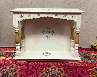 Handmade Wooden Temple: Off-White Indian Mandir with Colorful Art
