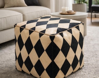 Black and White Leather Pouf: Square Ottoman Footstool ottoman pouf (Unstuffed)