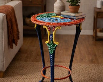 Mesa Auxiliar de Hierro Fundido Pintada a Mano - Mesa Consola Decorativa - Toque Vintage para Salón - Decoración del Hogar Única - Muebles