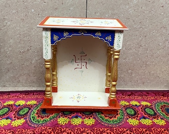 Handmade Indian Wooden Temple: Colorful Pooja Mandir (33x15x40 cm)