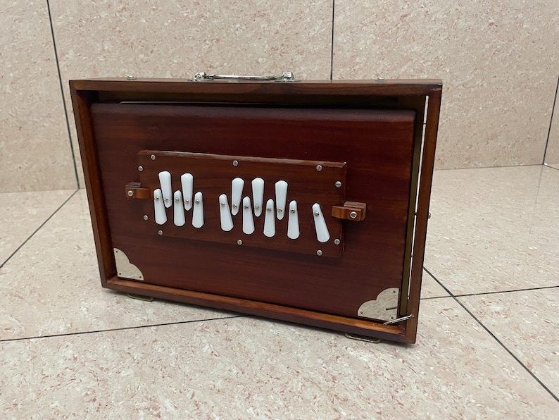 Brown shrutibox tuned to 440Hz with matching leather carrying bag, handcrafted Indian musical instrument for travel and performance