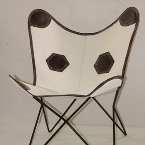 White Canvas Butterfly Chair - Canvas Leather Mixture Seat With Iron Stand