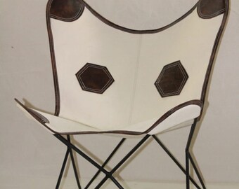 ホワイト キャンバス バタフライ チェア - キャンバス レザー ミックス