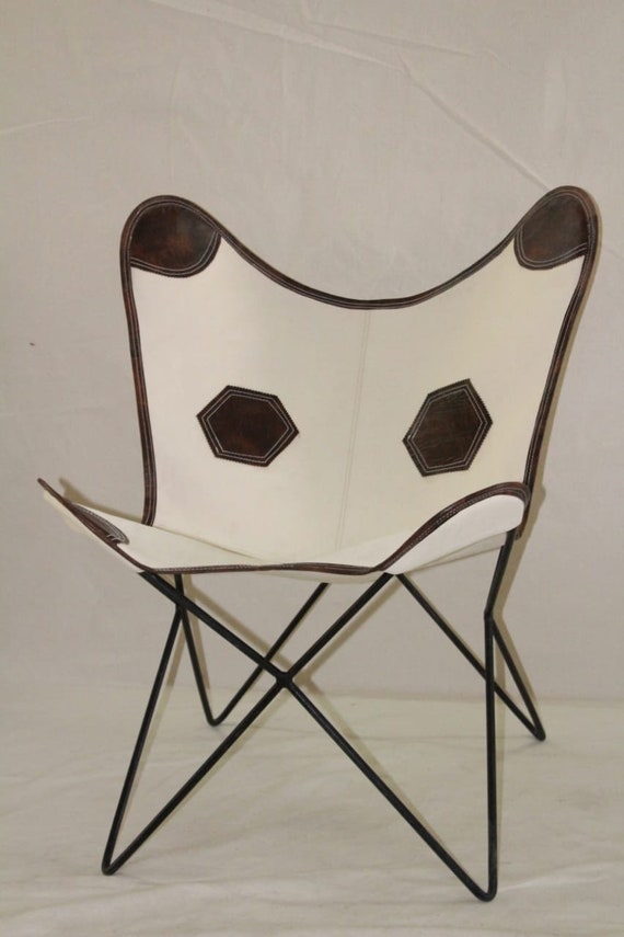 ホワイト キャンバス バタフライ チェア - キャンバス レザー ミックス