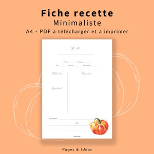 Fiche vierge recette moderne et minimaliste | A4 | motif potiron | à télécharger et imprimer | instant download