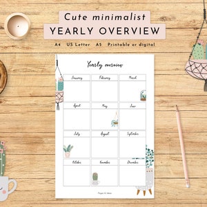 Calendario | Resumen anual | Minimalista y lindo | A4 A5 Carta de EE. UU. | PDF para imprimir | digitales | Inglés | Bujo | Organización | Diario
