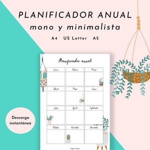 Calendario | Planificador anual sin fecha | Súper mono y minimalista | A4 A5 US Letter | PDF a imprimir | español | Agenda | Bullet journal