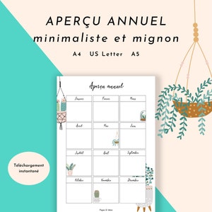 Calendario | Planificador anual sin fecha | Súper mono y minimalista | A4 A5 US Letter | PDF a imprimir | francés | Agenda | Bullet journal