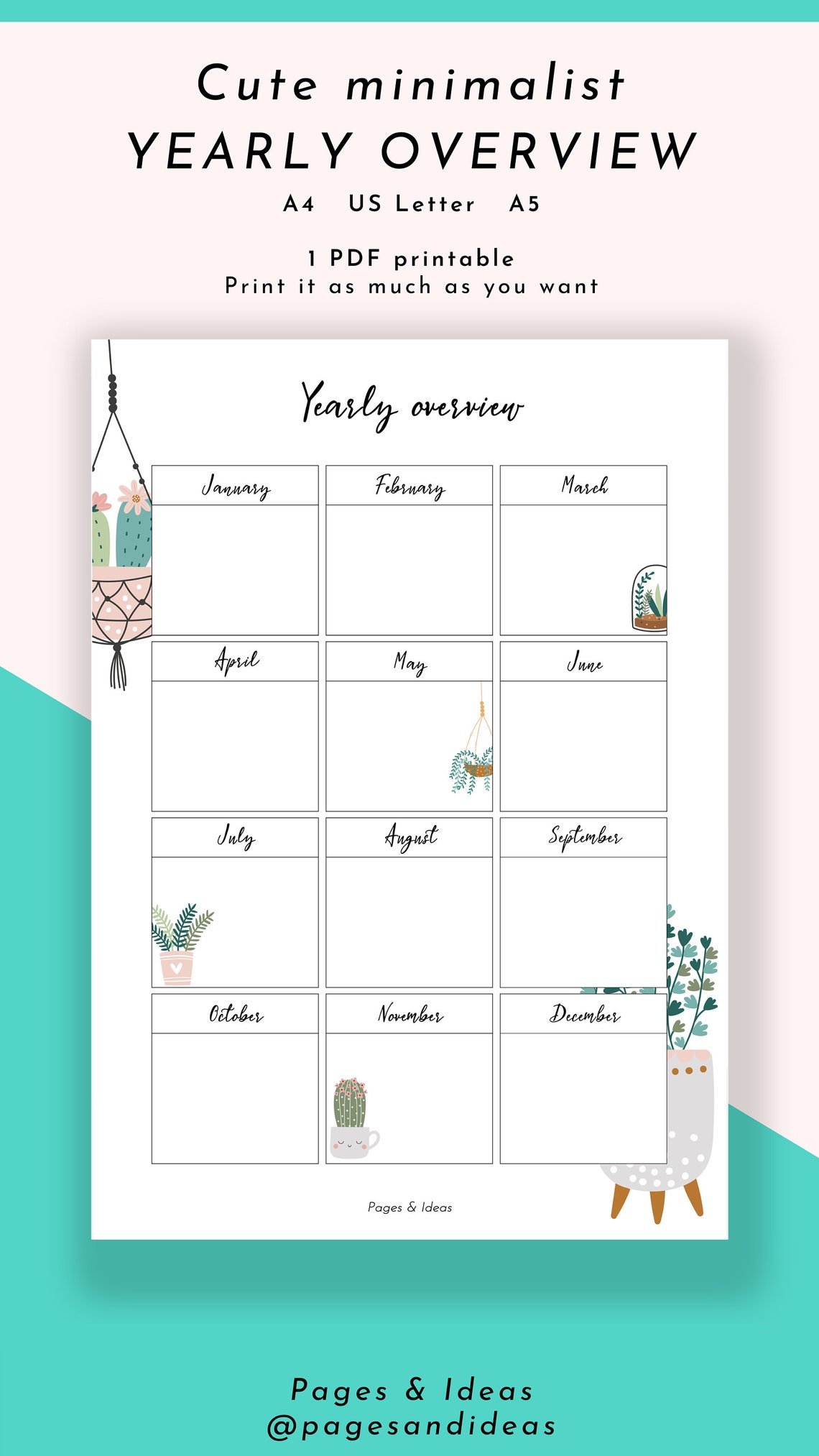 Undated Yearly Overview Calendar Cute and Minimalist Year - Etsy