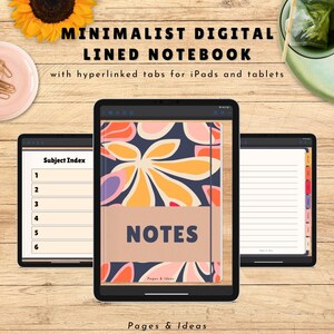 Peut inclure: Trois tablettes affichent un carnet numérique. La tablette centrale présente un motif floral et le mot « NOTES ». Les autres tablettes affichent un index des sujets et des pages lignées. Le texte indique « MINIMALIST DIGITAL LINED NOTEBOOK » et « Pages & Ideas ».