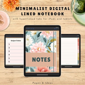Minimalist Digital Lined Notebook for Goodnotes (PDF file) | Elegant floral notes journal | Hyperlinked notes planner