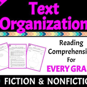 May include: Text Organisation: Reading Comprehension for Every Grade - Fiction & Nonfiction. A pink and white graphic with three worksheets for text organisation, including a Venn diagram, a list of literary devices and examples, and a graphic organiser for identifying the main idea and supporting details.
