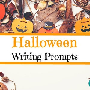 Puede incluir: Ideas de escritura de Halloween con calabazas de papel naranja y negro y hojas de otoño sobre un fondo blanco.