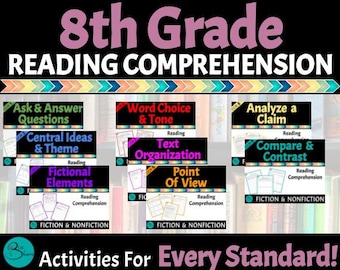 May include: A colourful set of 8th grade reading comprehension activities for every standard. The activities are organised into categories such as Ask & Answer Questions, Central Ideas & Theme, Fictional Elements, Word Choice & Tone, Text Organisation, Point of View, Analyse a Claim, and Compare & Contrast. The activities are designed for both fiction and non-fiction texts.