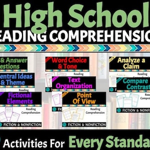 May include: A colorful set of printable reading comprehension activities for high school students. The activities cover a variety of reading skills, including asking and answering questions, identifying central ideas and themes, analyzing fictional elements, and comparing and contrasting texts. The activities are designed to help students improve their reading comprehension skills and prepare for standardized tests.