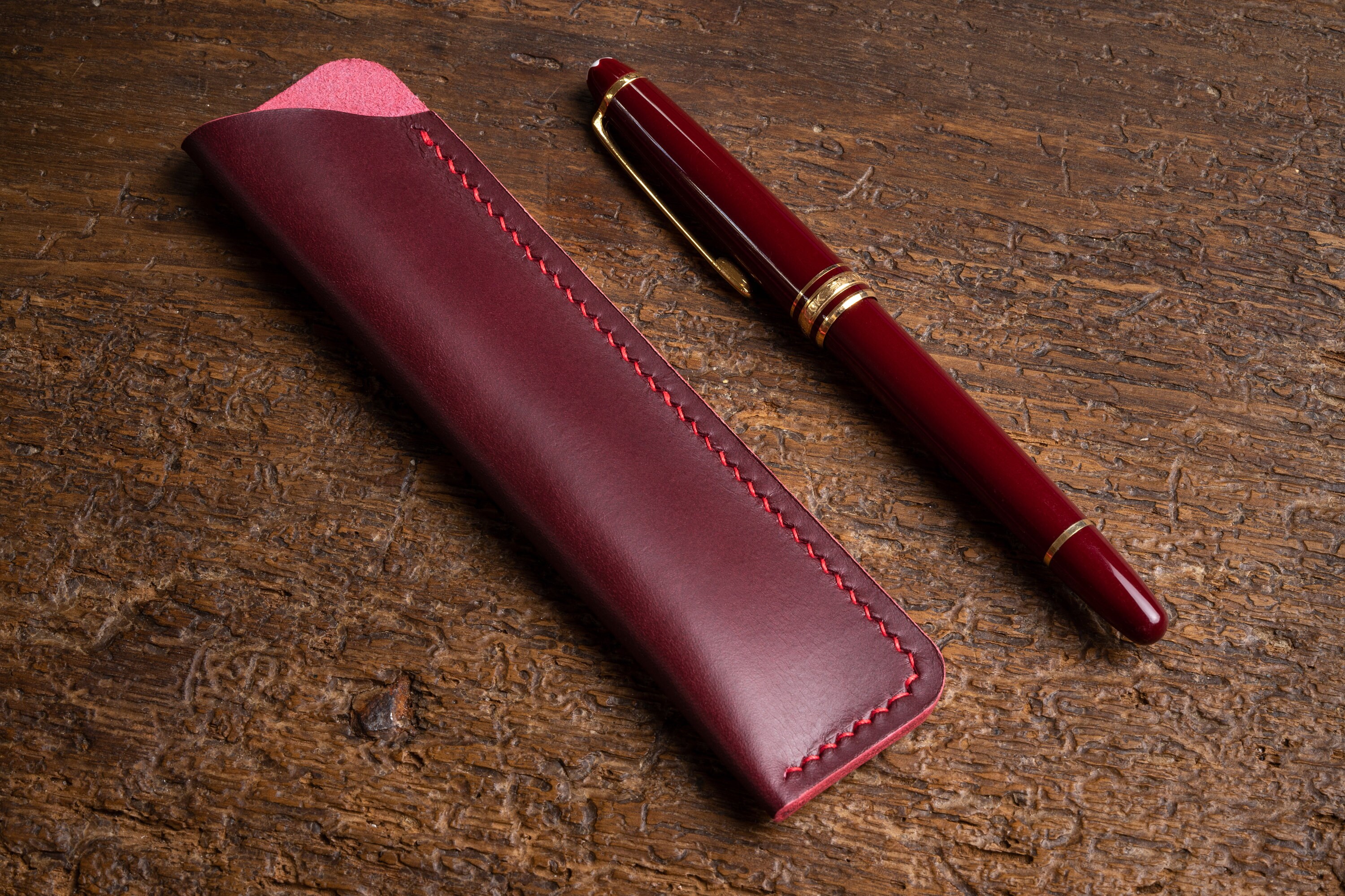 Etui à Stylo en Cuir Pleine Fleur - Prune