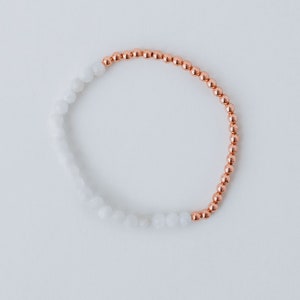 Dainty and Elegant Multi-Faceted Moonstone beads + Genuine and solid 3mm Copper Bead Bracelet - Stretchy and Stackable