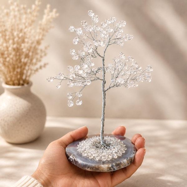 Clear Quartz Crystal Tree with Agate Base – Feng Shui Home Decor – Spiritual Gift