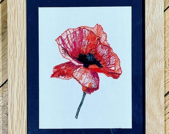 Poppy embroidered artwork picture with black mount, wall art