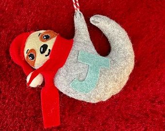 Christmas decoration, sloth xmas tree bauble, festive sloth, hanging decoration, handmade Xmas decoration
