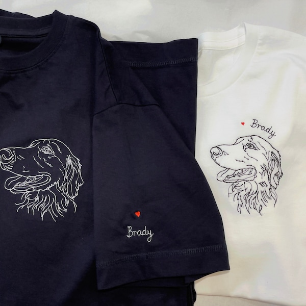 Pet portrait embroidered T-Shirt organic cotton, mens and ladies sizes - 1 to 3 pets - white or navy tee