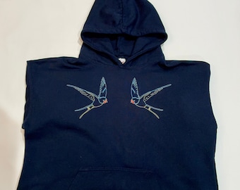 Swallow bird hoodie - handmade embroidered hoodie - vintage tattoo design - men's and women's sizes - cotton