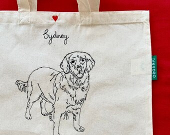 Pet portrait embroidered tote bag organic cotton personalised handbag