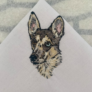 May include: Embroidered patch of a dog's face with brown, black, and white fur. The dog has one blue eye and one brown eye.