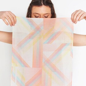 Cotton silk long scarf | Geometric print in light yellow, pink and blue | 43  x 160 cm | Handmade in UK | Original artwork | Gifts for her