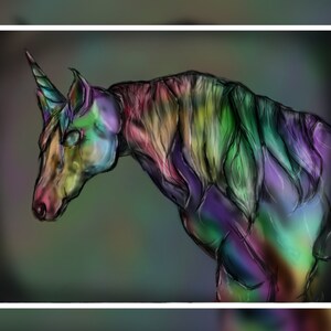 Dark Rainbow Unicorn Art Print / Fantasy Art / Mythical & Magical Digital Drawing / 8 x 10 Inches / Unique Wall Decor / Gift /  PetraJArt