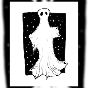 不気味なゴーストアートプリント / ハロウィーンアートプリント / 8 x 10インチ / インク画 / ユニークな壁飾り / ギフト / PetraJArt