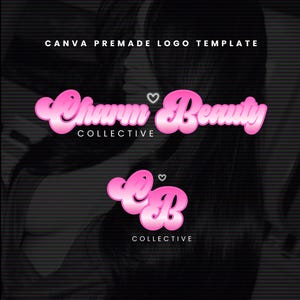 May include: A premade logo template with the text "Charm Beauty Collective" in a pink, cursive font, with a heart symbol. Below, the initials "CB" are displayed in a similar style, also with a heart. The background is black.