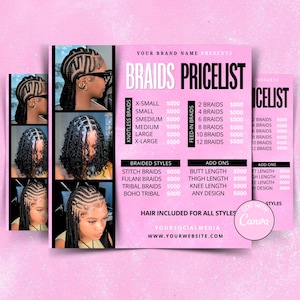 Braids Price List Flyer Template | Editable Hair Pricing Flyer Canva | Braid Styles Pricelist Digital Download
