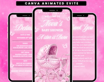 Video animado de invitación para baby shower en color rosa, invitación digital editable, baby shower de princesa glamurosa.