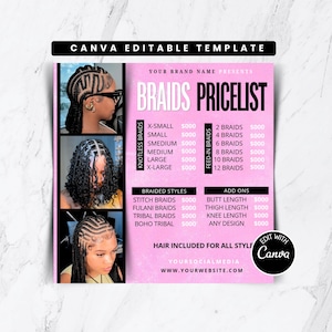 Plantilla de volante con lista de precios de trenzas / Volante de precios de cabello editable en Canva / Descarga digital de lista de precios de estilos de trenzas