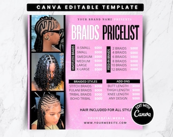 Braids Price List Flyer Template | Editable Hair Pricing Flyer Canva | Braid Styles Pricelist Digital Download