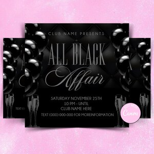 Plantilla de volante para fiesta "All Black Affair" / Invitación elegante para fiesta "All Black Affair" / Volante de evento editable en Canva