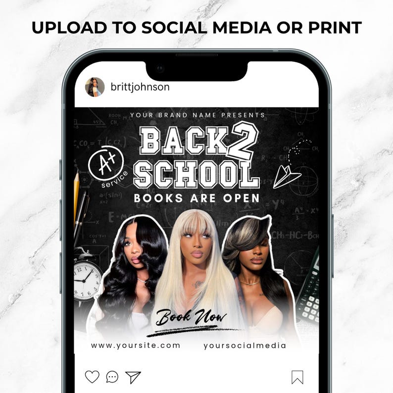 May include: Instagram post promoting a back-to-school service. The image features three women with long hair, the text "BACK 2 SCHOOL BOOKS ARE OPEN", and a call to action "Book Now". The post includes social media handles and website information.