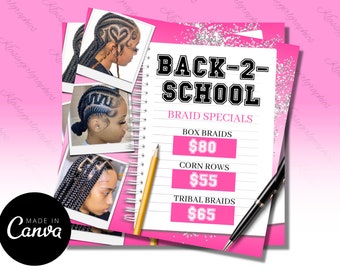 Back to School Flyer | Braid Specials Price List | Editable Salon Flyer | DIY Canva Template | Hair Stylist Promo | Social Media Flyer