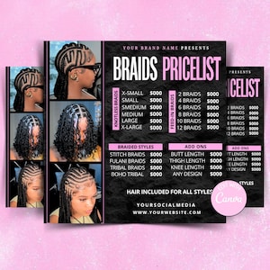 Braids Price List Flyer Template | Editable Hair Pricing Flyer Canva | Braid Styles Pricelist Digital Download