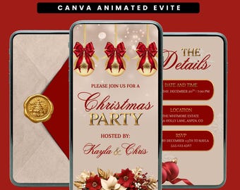 Plantilla animada para invitación a fiesta de Navidad, invitación navideña editable en rojo y dorado.