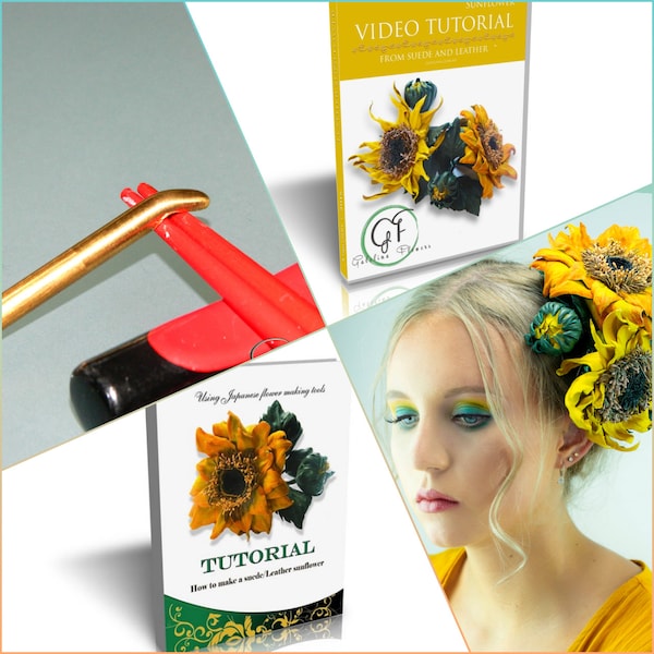 A COMPLETE PACKAGE  for leather/suede Sunflower  making, millinery, Tutorial, flower making tools, DIY kit